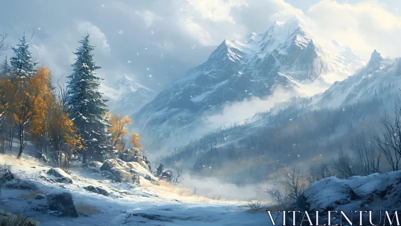 Digital painting of alpine first snow with autumn treeline contrast.