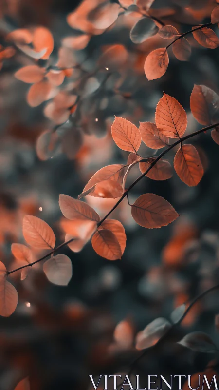 Ember-kissed autumn leaves drifting through muted twilight.