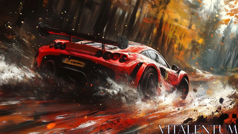 Red sports car on wet forest track in autumn conditions.