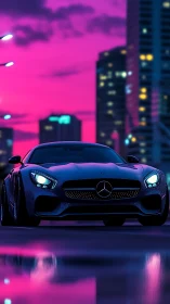 Low-angle neon city sports car rendered with cinematic bokeh