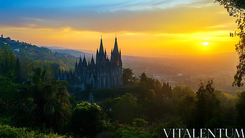 Gothic style hillside church overlooks city at vivid sunset