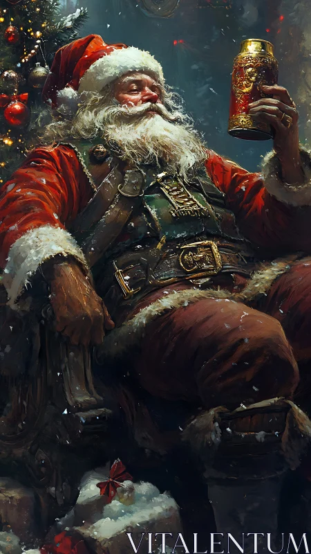 Santa in ornate armor toasting beside glowing tree.