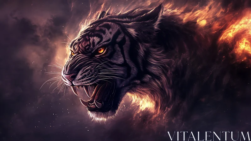 Flaming spectral tiger head emerges from smoky cosmic void