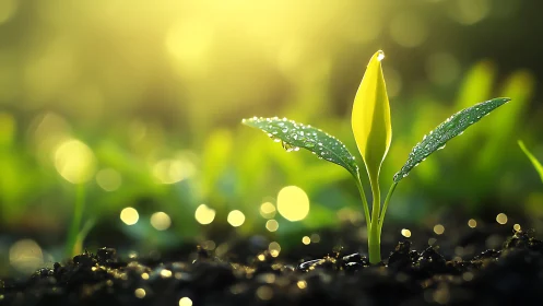Young green plant seedling in moist soil under soft sunlight.