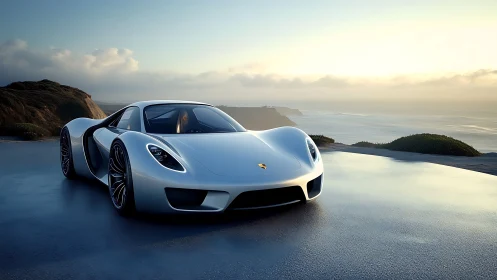 Futuristic white supercar rests beside a serene ocean cliff.