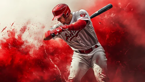 Power hitter mid-swing in red dynamic digital composition.