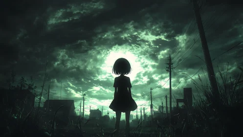 Silhouetted girl beneath stormlit emerald apocalypse sky.