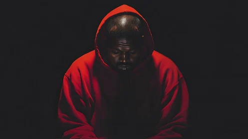 Moody hooded portrait in red against deep black backdrop.