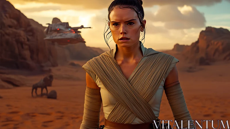 Determined sci-fi heroine walking through desert canyon