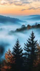Mist-Shrouded Mountain Valley at Dawn with Coniferous Silhouettes