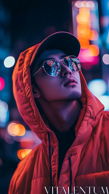 Neon-lit portrait with reflective sunglasses and hooded jacket.