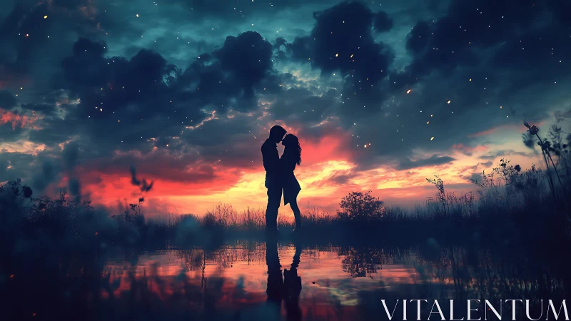 Silhouetted couple kissing at sunset over water