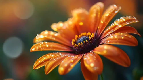 Orange daisy macro shot shows dew covered petals sharply
