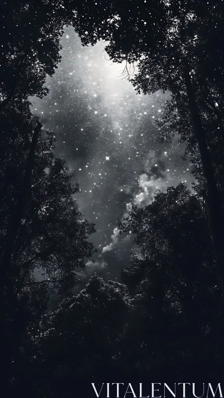 Monochrome forest canopy frames a luminous star-dense night sky