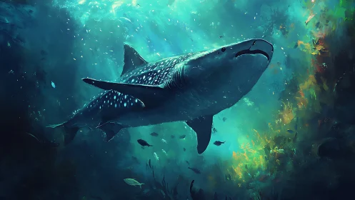 Whale shark glides through luminous teal reef depths.