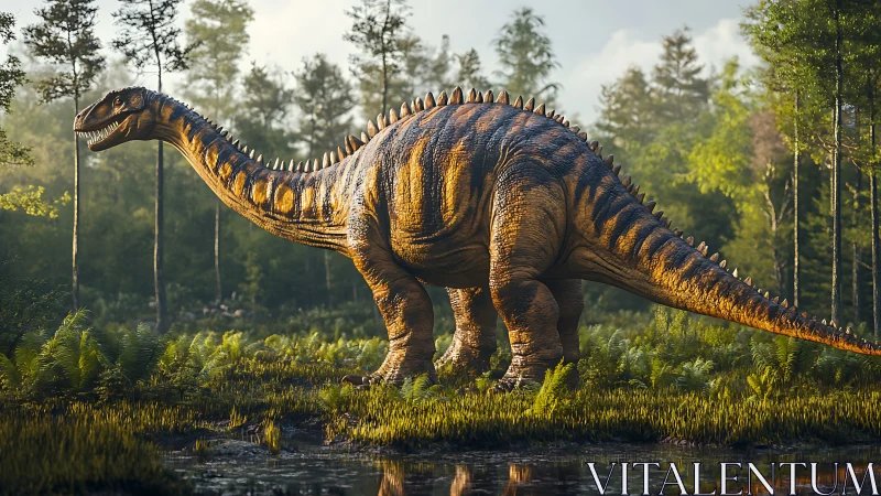 Sauropod dinosaur in lush primeval forest clearing at dawn.