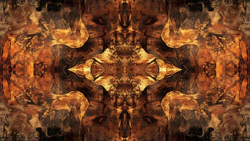 Symmetrical rust-toned fractal skullscape with mirrored erosion patterns.