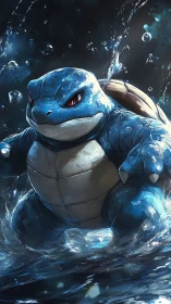 Stormy water guardian poised in a splash of blue power.