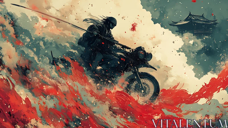 Samurai rider cuts through swirling fire and stormy sky