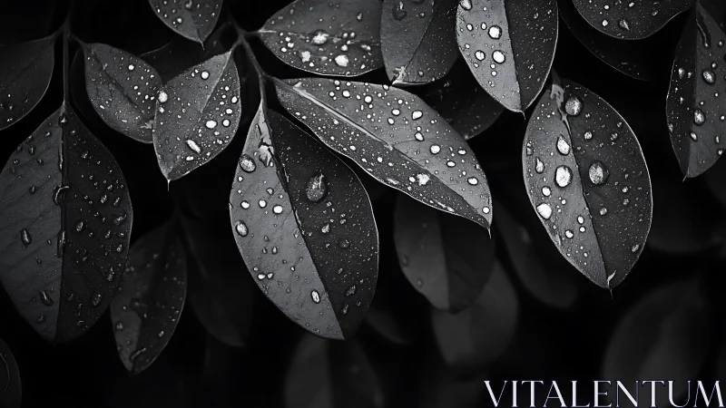 Monochrome raindrops on clustered leaves in dense shade.