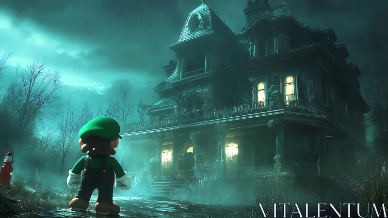 Cartoon plumber faces eerie rain-soaked haunted mansion at night.