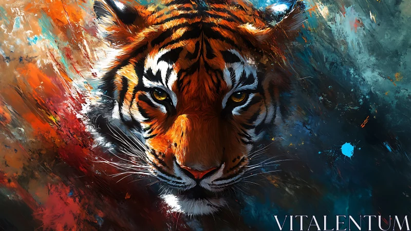 Brushfire tiger emerges from swirling nebula of wild color.