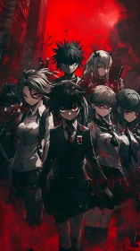 Blood-soaked anime students in dystopian red urban apocalypse