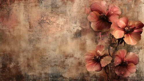 Composite floral arrangement displayed against textured aged surface