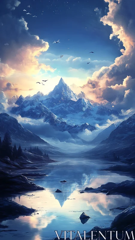 Snow peaks rise above mirrored dawnlit valley lake.