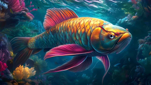 Iridescent arowana glides through saturated coral seascape