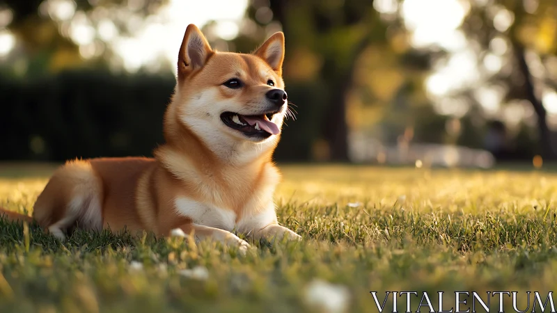Photorealistic portrait of Shiba Inu in golden hour field.