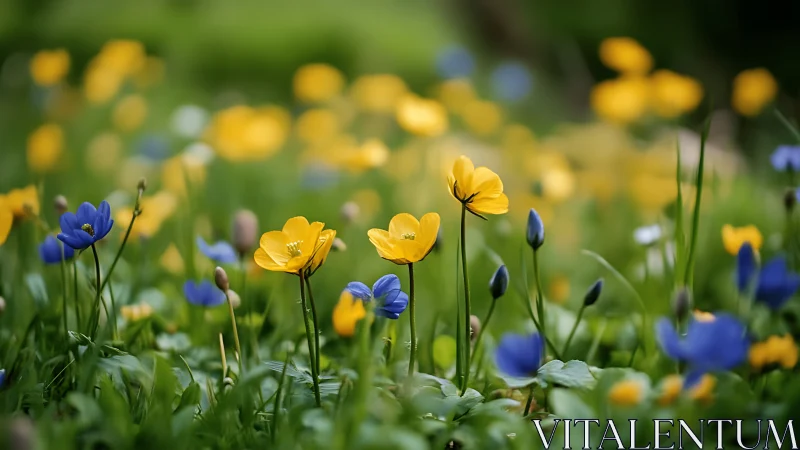 Spring's Whimsical Dance: Buttercups and Blue Companions.