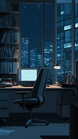 Night office workspace with city view and glowing monitor.