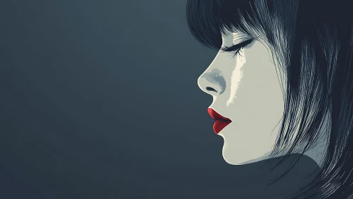 Side profile of woman in tears with red lips, stylized.
