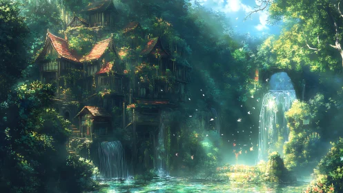 Hidden forest village glows beside cascading waterfalls at dawn.