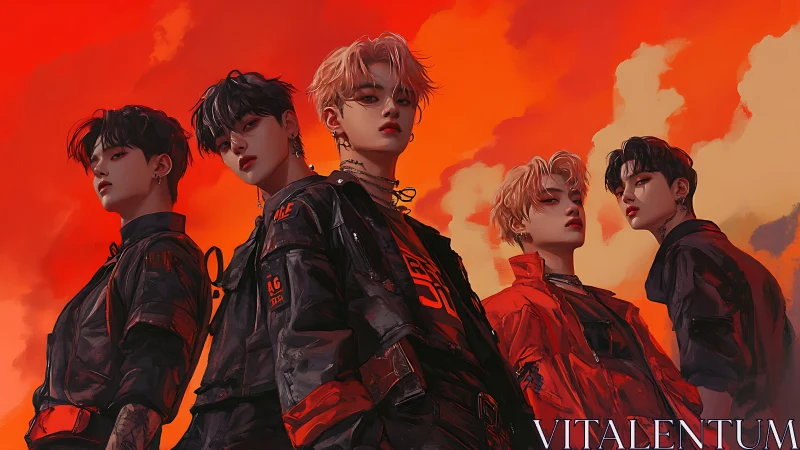 Storm-lit street idols under molten neon sunset sky.