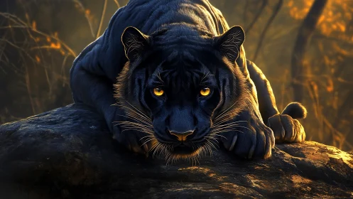 Black panther resting on rock under warm forest light.