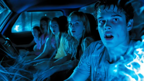 Terrified teens in car engulfed by electric blue energy field.