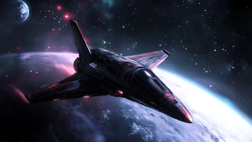 Sleek starfighter gliding over luminous planetary horizon.