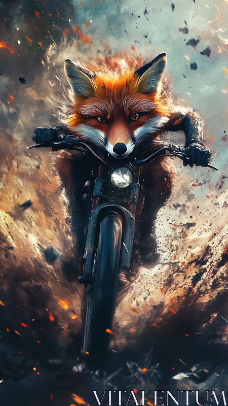 Digital painting of fox motorcyclist in explosive motion trail.