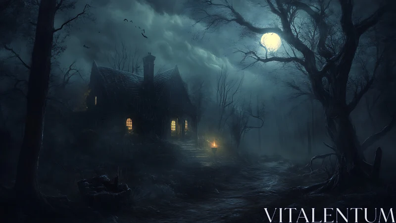 Isolated cabin in dark forest under full moon at night.