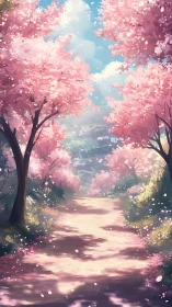 Sunlit cherry blossom path curves through tranquil valley