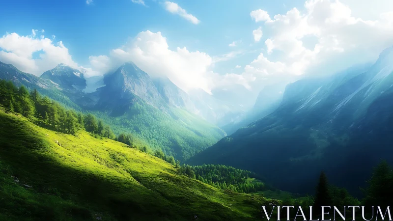 Sunlit valley drifts between glacier peaks and whispering pines