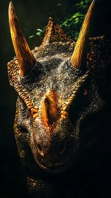 Hyperreal triceratops portrait with horn detail and raking light