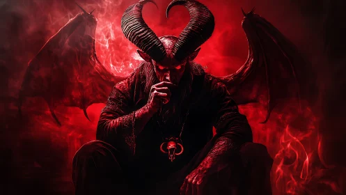 Brooding horned demon sits in swirling red infernal smoke