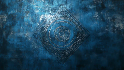 Geometric metallic emblem centered on textured blue field.