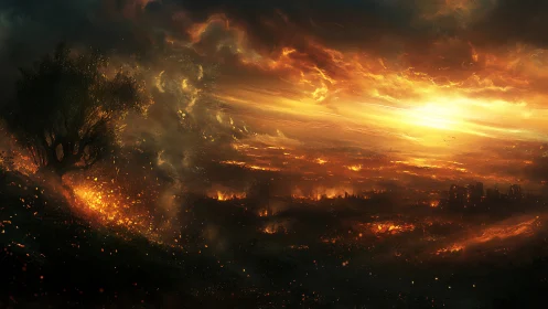 Apocalyptic Inferno. Burning City Under Molten Sky