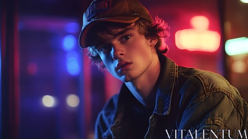 Pensive young man in neon barlight reflects in soft focus