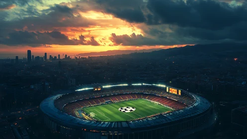 Floodlit football arena under stormy sunset skyline glow.