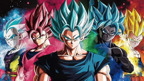 Dragon Ball warriors in multiple Super Saiyan forms.